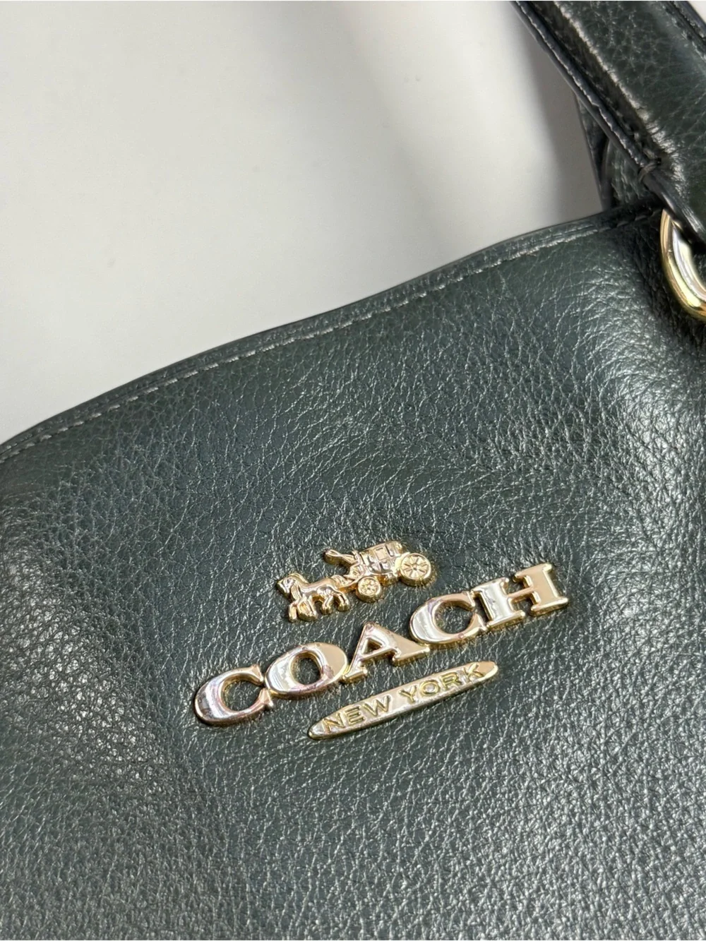Coach Pebbled Leather Zip Top Tote Shoulder Bag Dark Green Gold Hardware